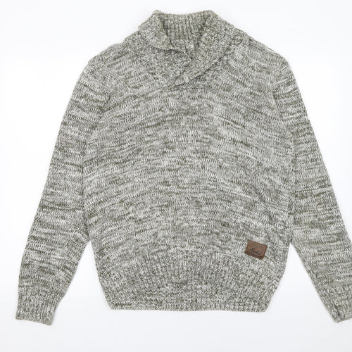 Solid Mens Grey Roll Neck Cotton Knit Jumper Size L