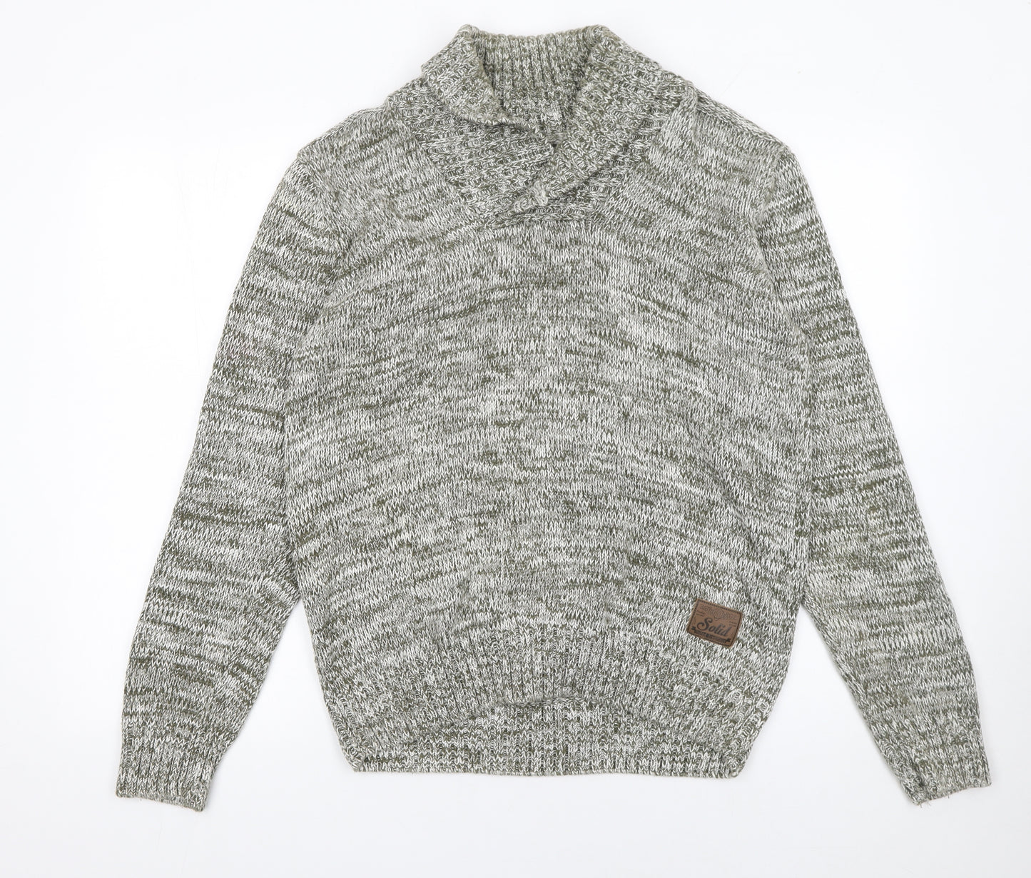 Solid Mens Grey Roll Neck Cotton Knit Jumper Size L