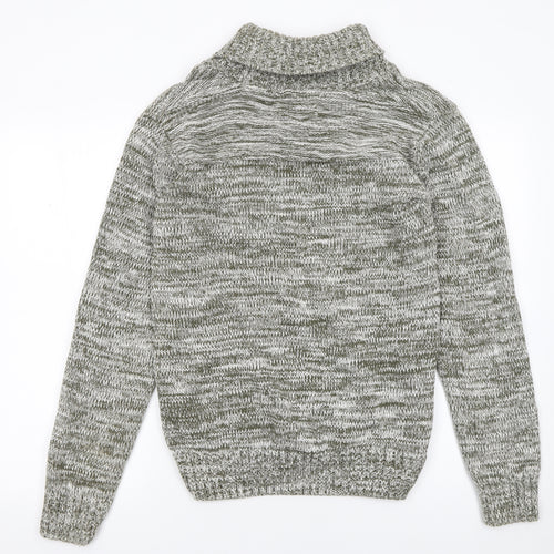 Solid Mens Grey Roll Neck Cotton Knit Jumper Size L