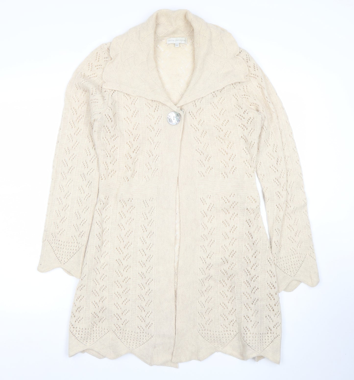 Rocha John Rocha Women Beige Size 12 Knit Long Sleeve Open Collar Cardigan