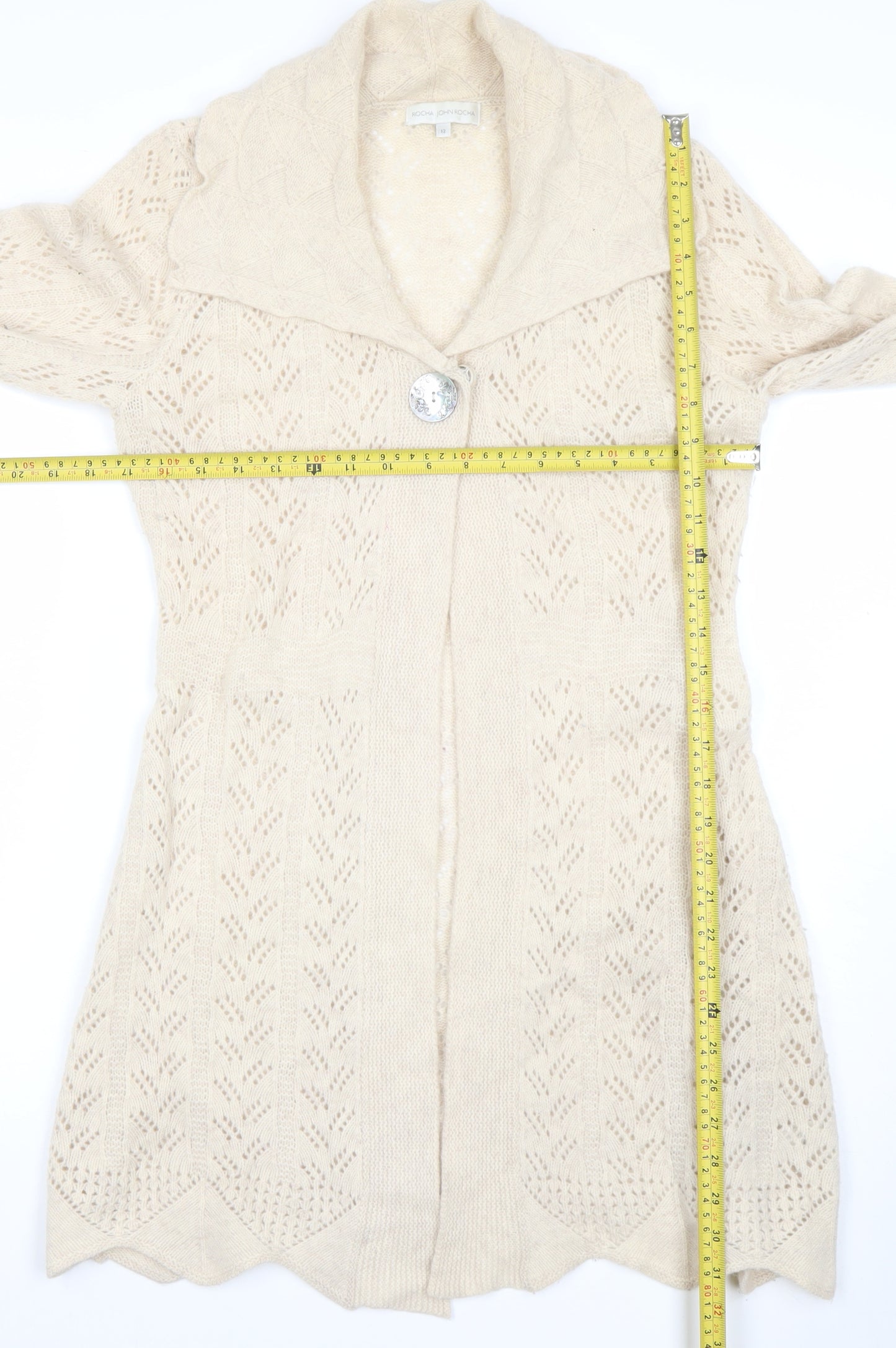 Rocha John Rocha Women Beige Size 12 Knit Long Sleeve Open Collar Cardigan