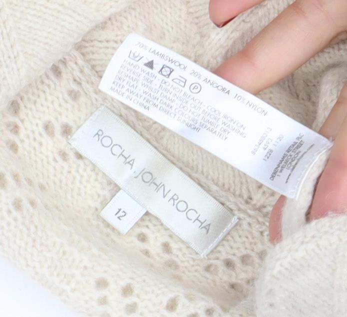 Rocha John Rocha Women Beige Size 12 Knit Long Sleeve Open Collar Cardigan