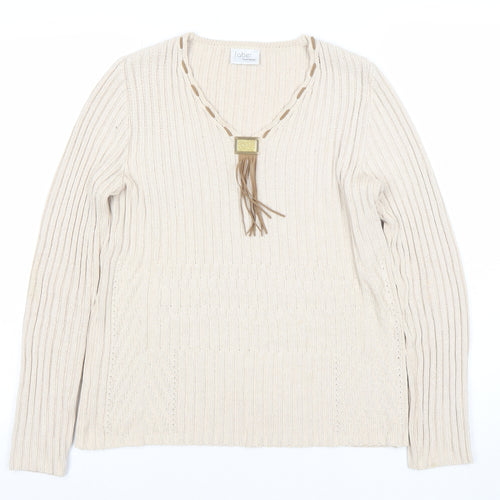 Faber Women’s Beige V-Neck Rib Knit Pullover Jumper Size 10