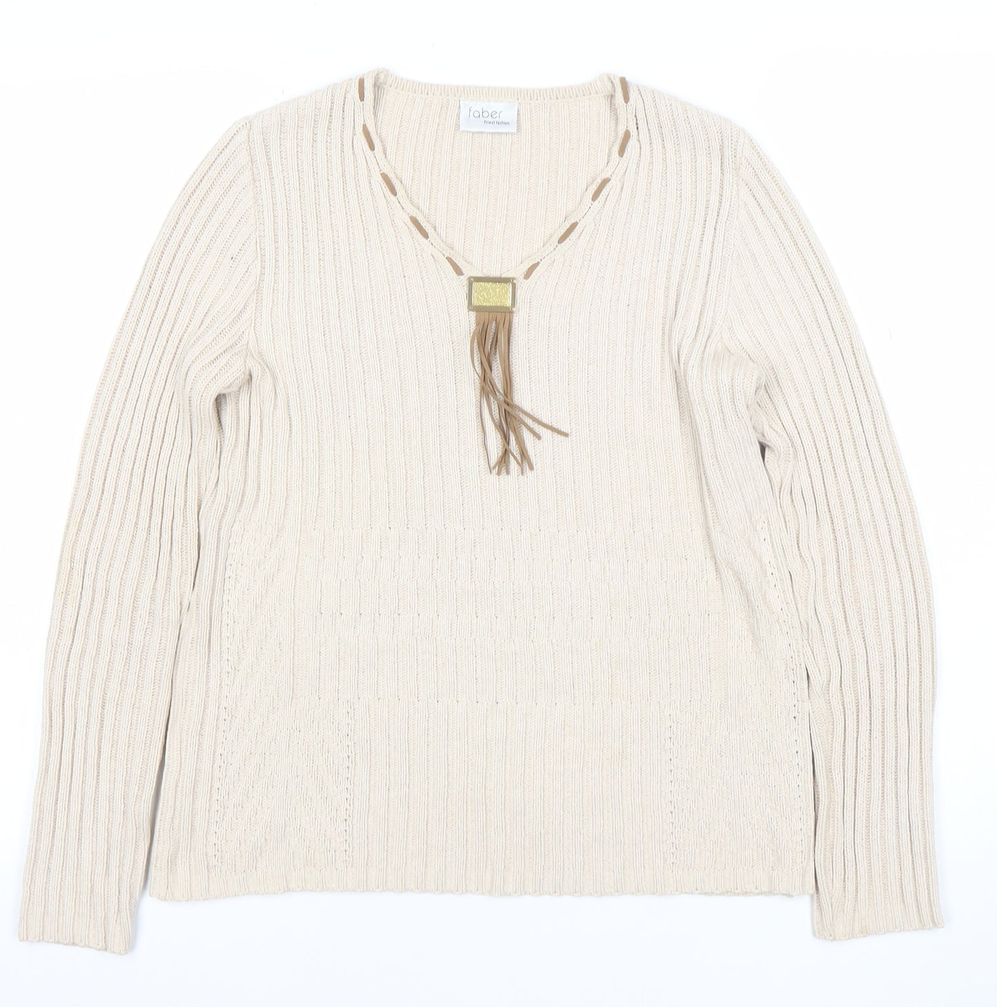 Faber Women’s Beige V-Neck Rib Knit Pullover Jumper Size 10