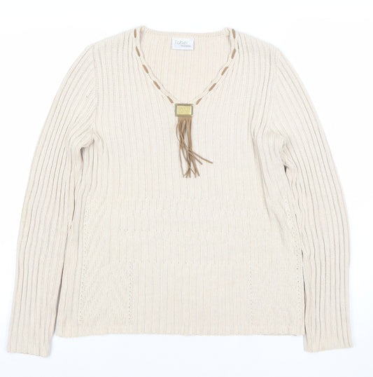 Faber Women’s Beige V-Neck Rib Knit Pullover Jumper Size 10