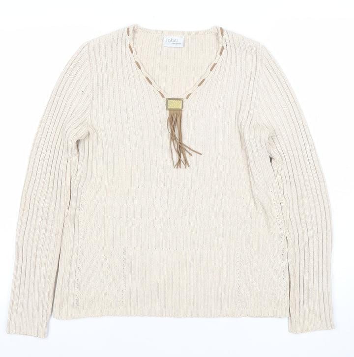Faber Women’s Beige V-Neck Rib Knit Pullover Jumper Size 10