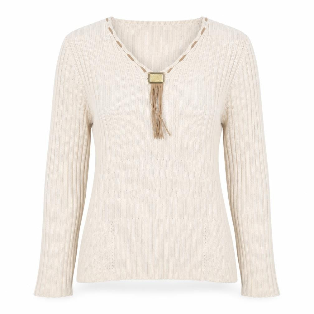 Front view of Faber Women’s Beige V-Neck Rib Knit jumper, size UK 10