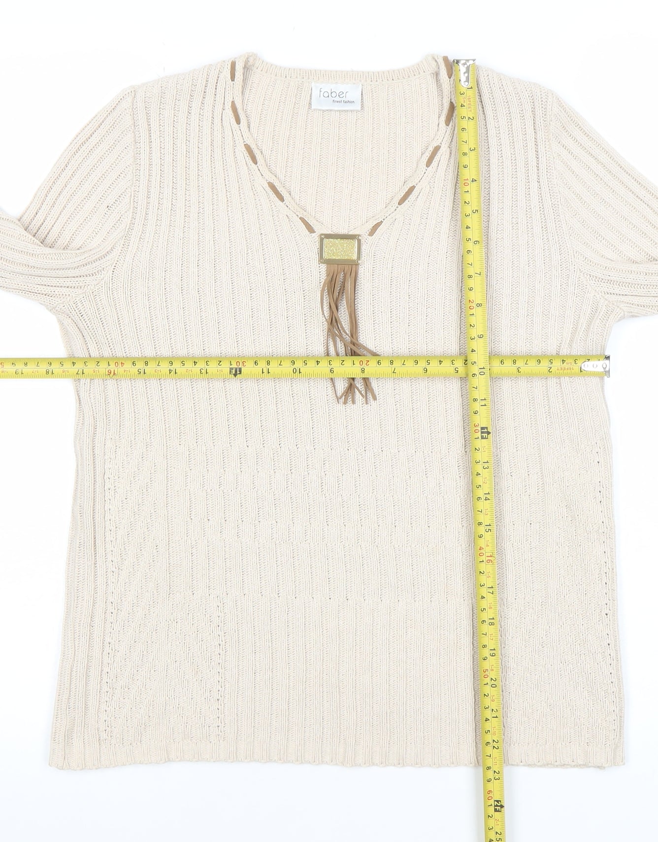 Faber Women’s Beige V-Neck Rib Knit Pullover Jumper Size 10