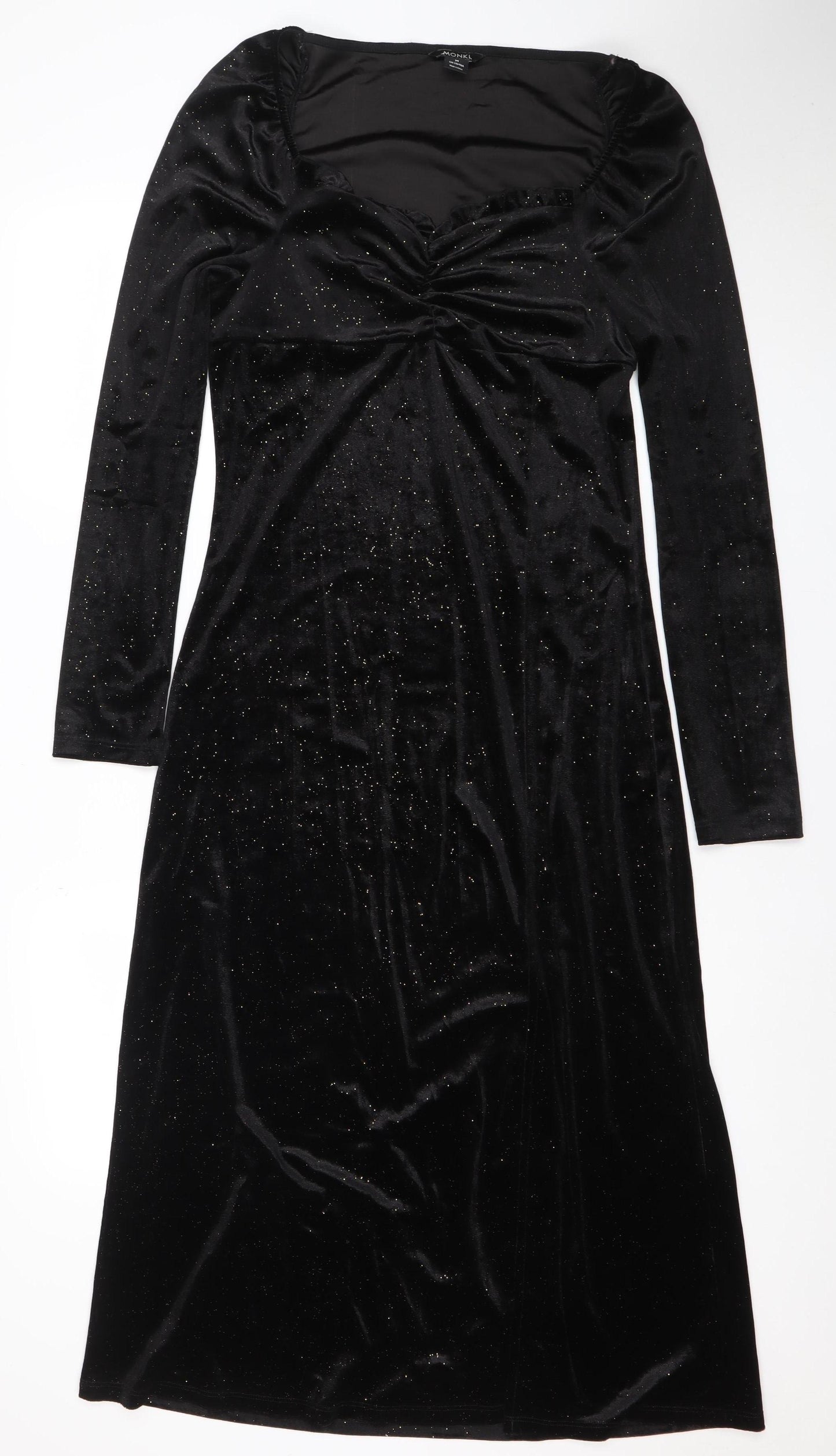 Monki Women Black Size 12 Velvet Bodycon Midi Dress Long Sleeve Party