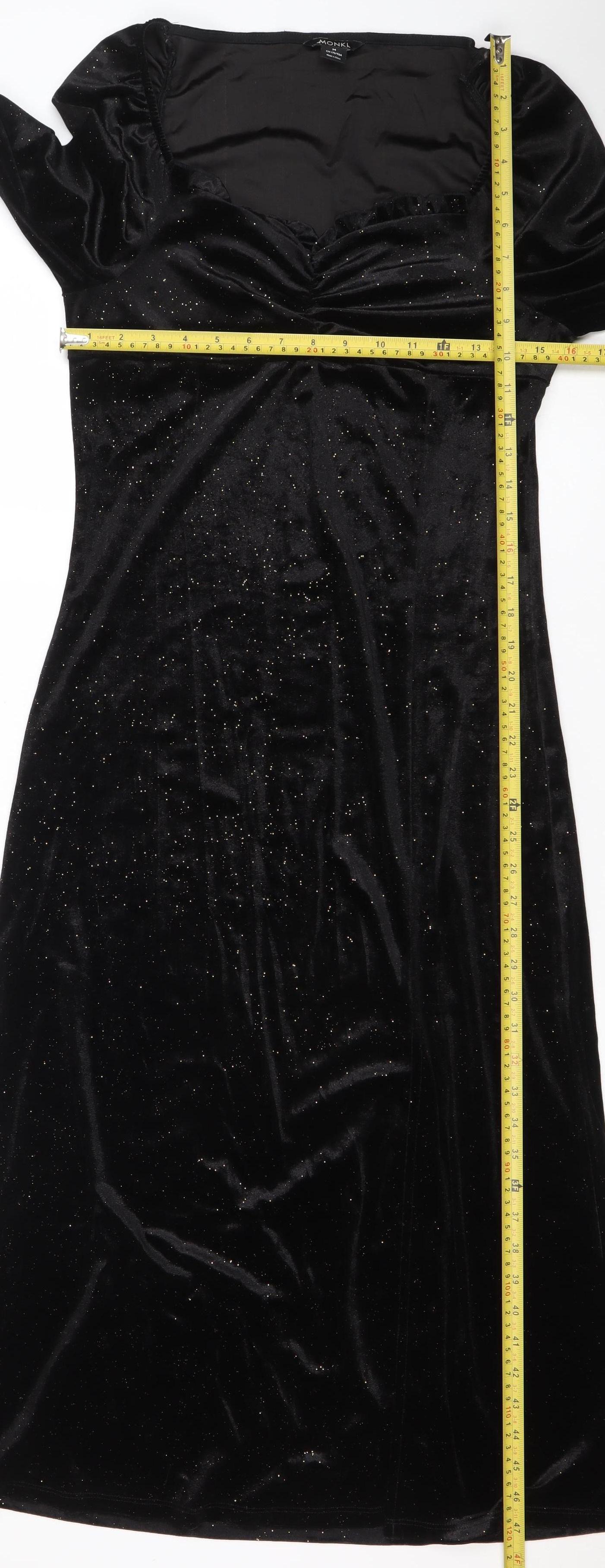 Monki Women Black Size 12 Velvet Bodycon Midi Dress Long Sleeve Party