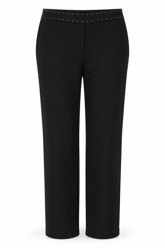Front view of Marc Cain women’s black wool straight leg studded waist trousers, size UK 12