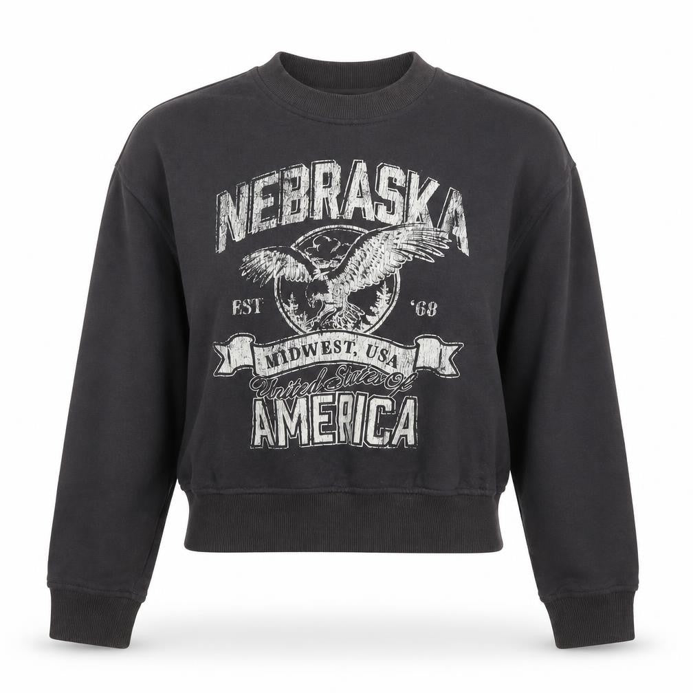 Front view of H&M Divided Women's Black Nebraska USA Graphic Pullover Sweatshirt XXS