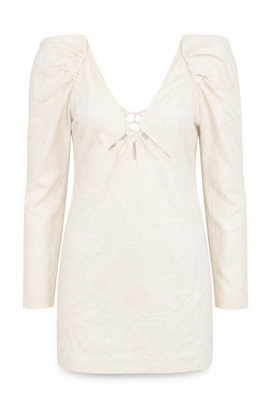Front view of ASOS Women Beige Cotton Bodycon Puff Sleeve Short Dress, size 12