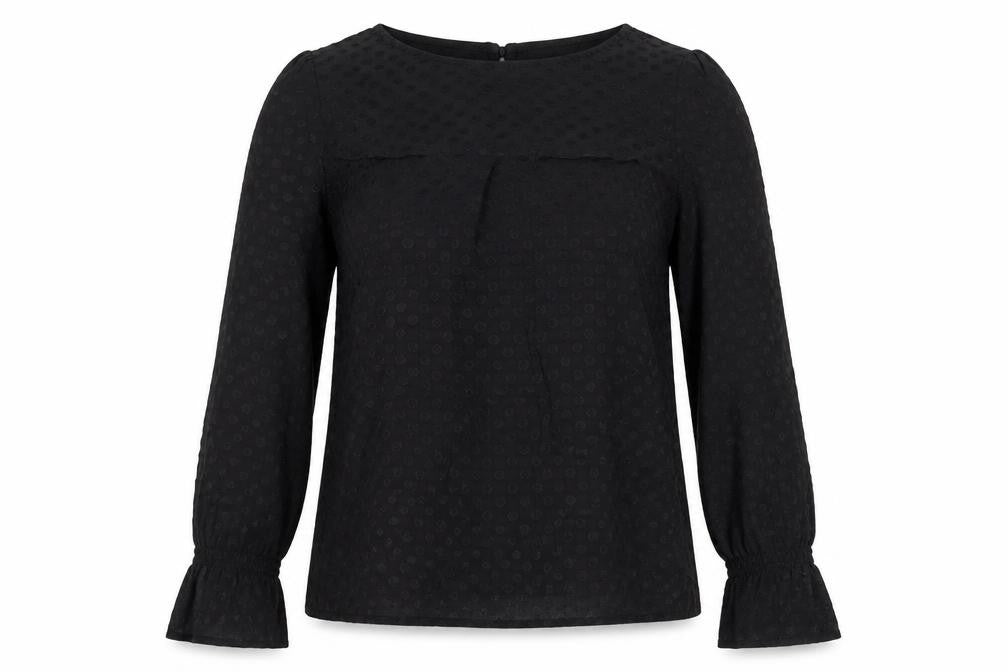 Front view of Oasis Women's Black Polka Dot Chiffon Long Sleeve Blouse, size 8