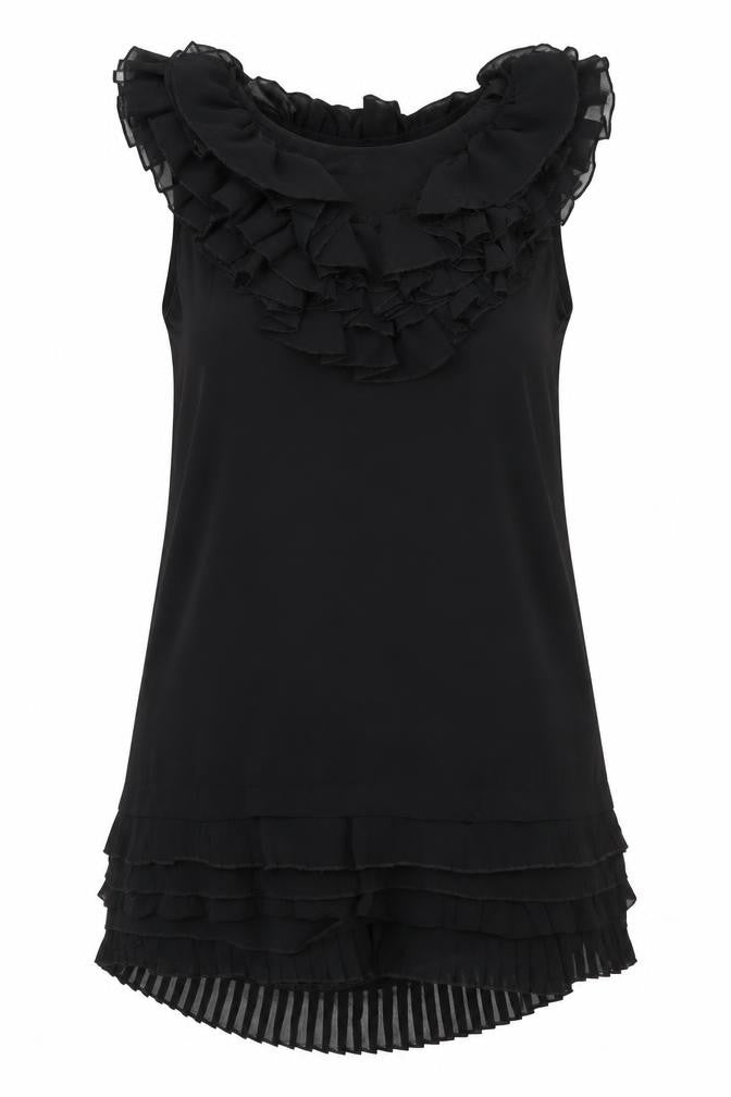 Front view of E-vie Women’s Black One Shoulder Ruffle Shift Dress, size UK 12