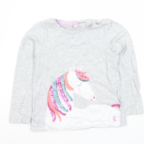 Joules Girls Grey Unicorn Sequin Long Sleeve Cotton T-Shirt 5 Years