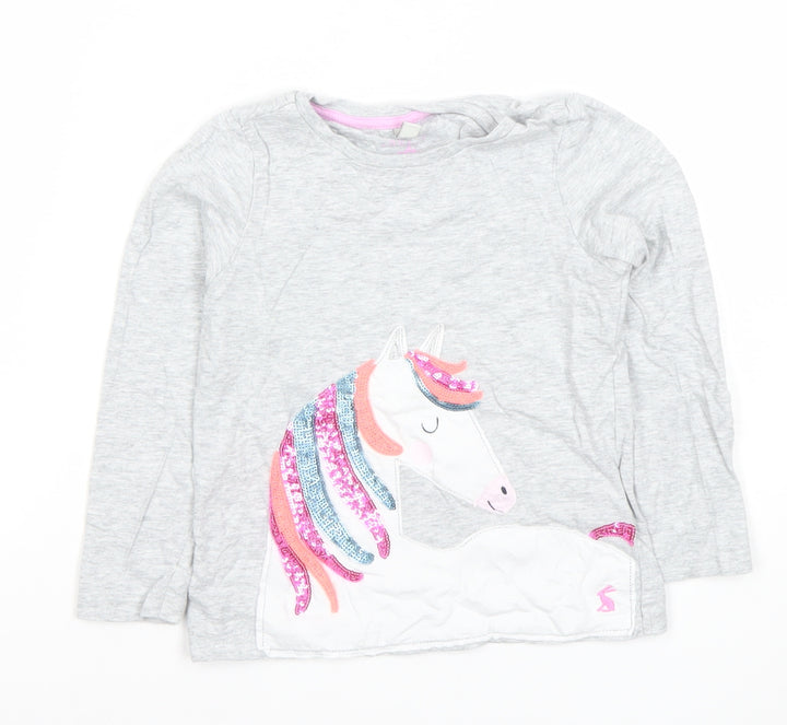 Joules Girls Grey Unicorn Sequin Long Sleeve Cotton T-Shirt 5 Years