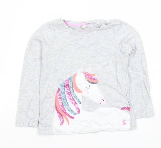 Joules Girls Grey Unicorn Sequin Long Sleeve Cotton T-Shirt 5 Years