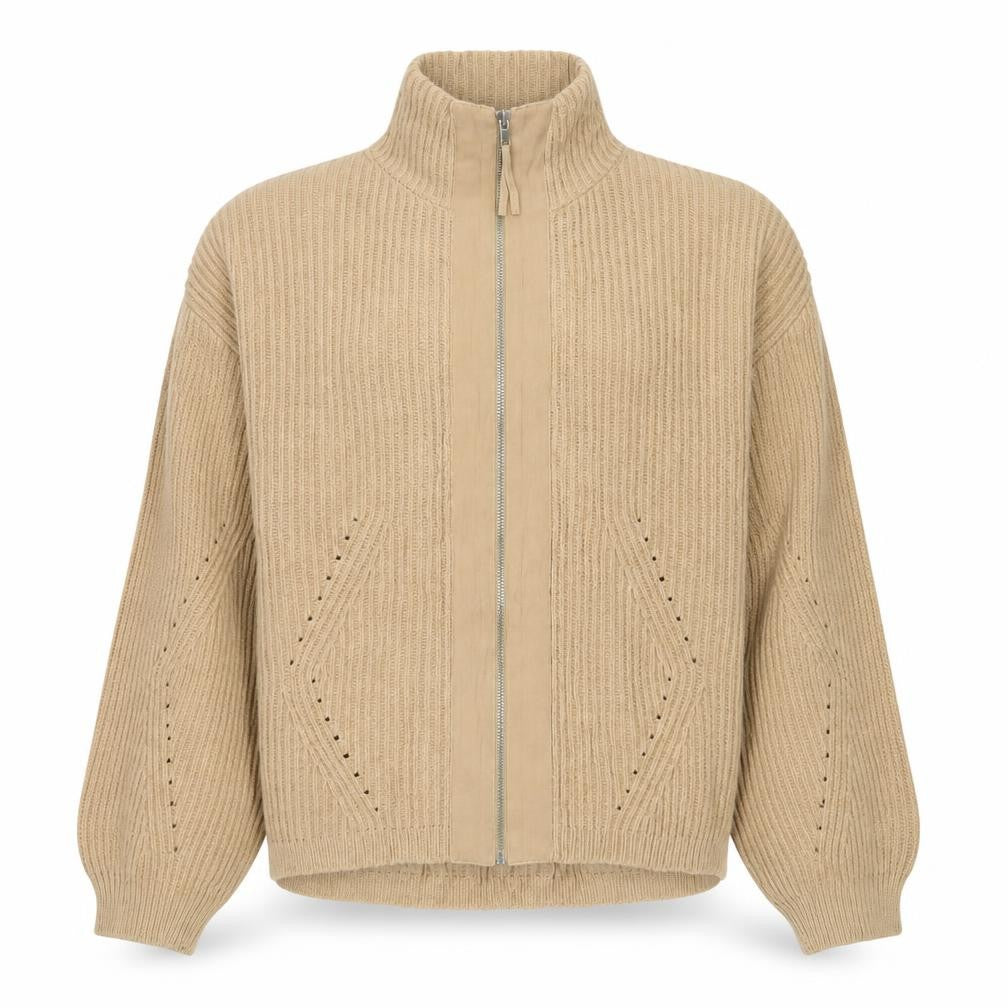 Front view of Wrap London unisex beige cotton full zip jumper medium