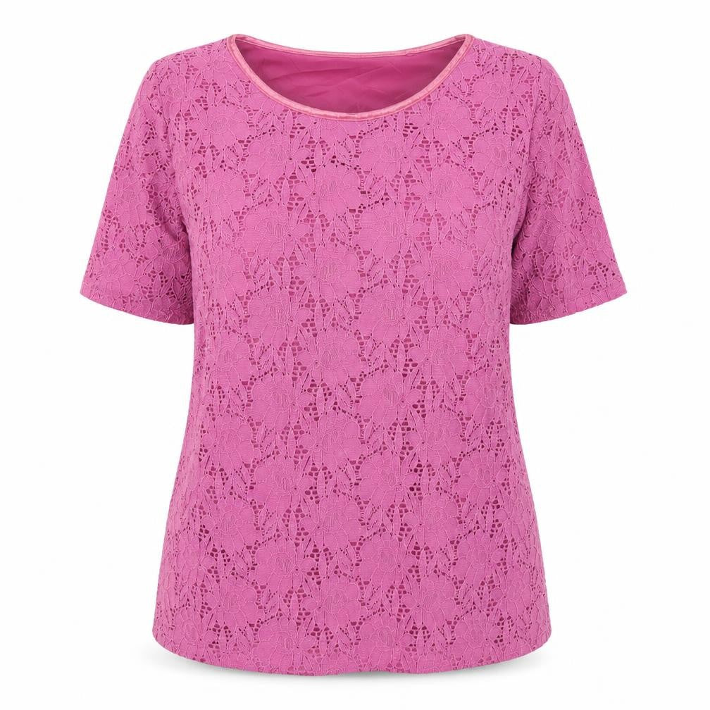 Front view of Bonmarché Women's Pink Lace Short Sleeve Blouse, size M