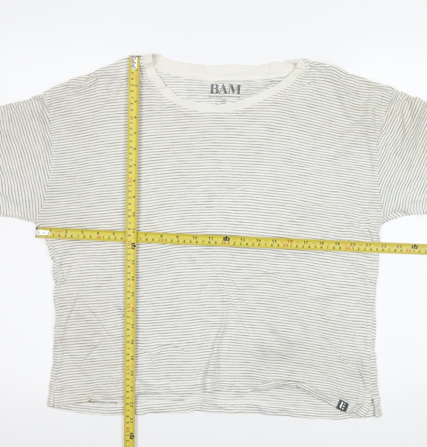 BAM Bamboo Clothing Women’s White Striped T-Shirt Size 12 Short Sleeve