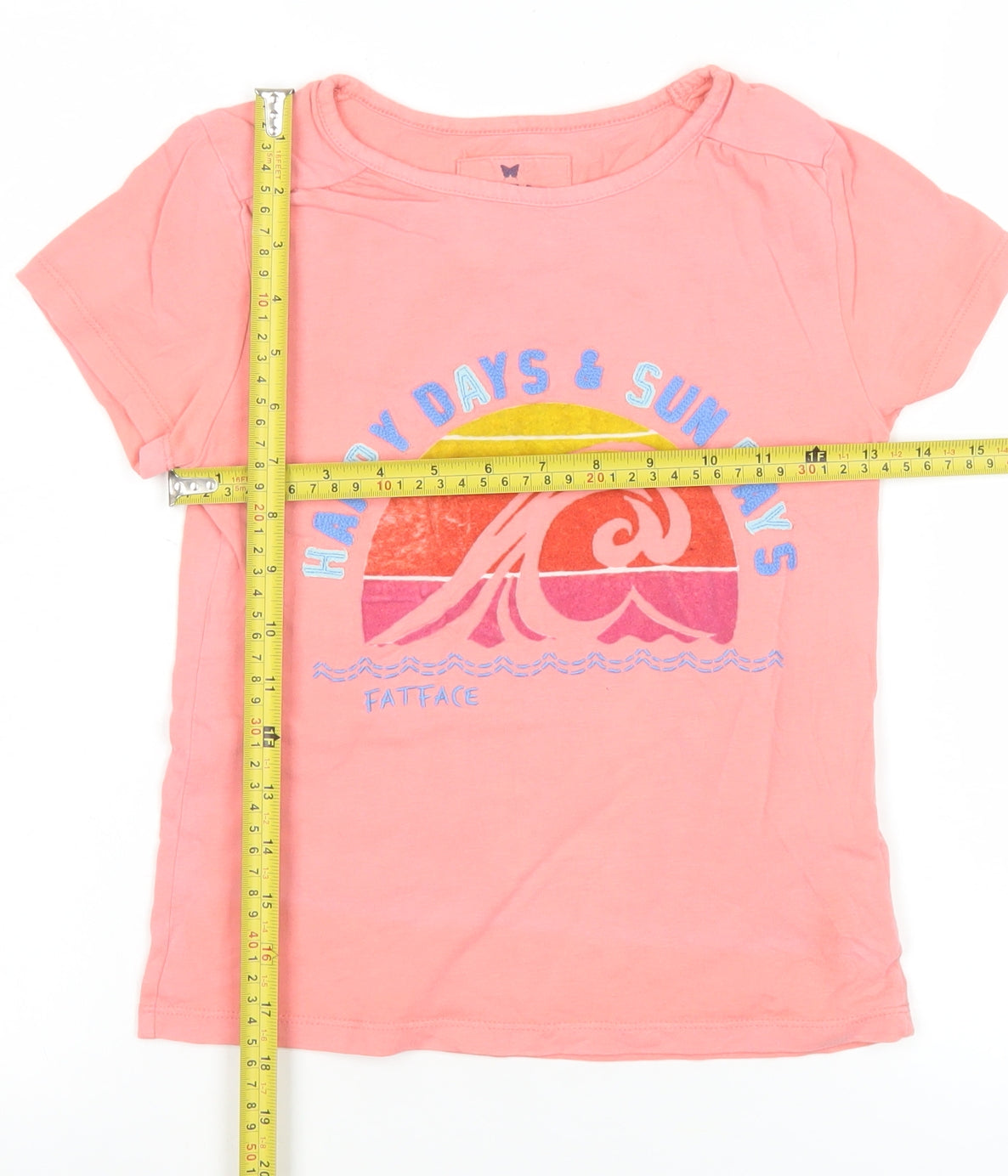 FatFace Girls Pink Graphic T-Shirt 8-9 Years 'Happy Days & Sun Rays' Cotton