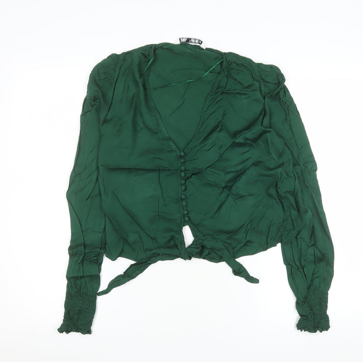 Zara Women's Green Long Sleeve Tie Front Blouse Size S Viscose