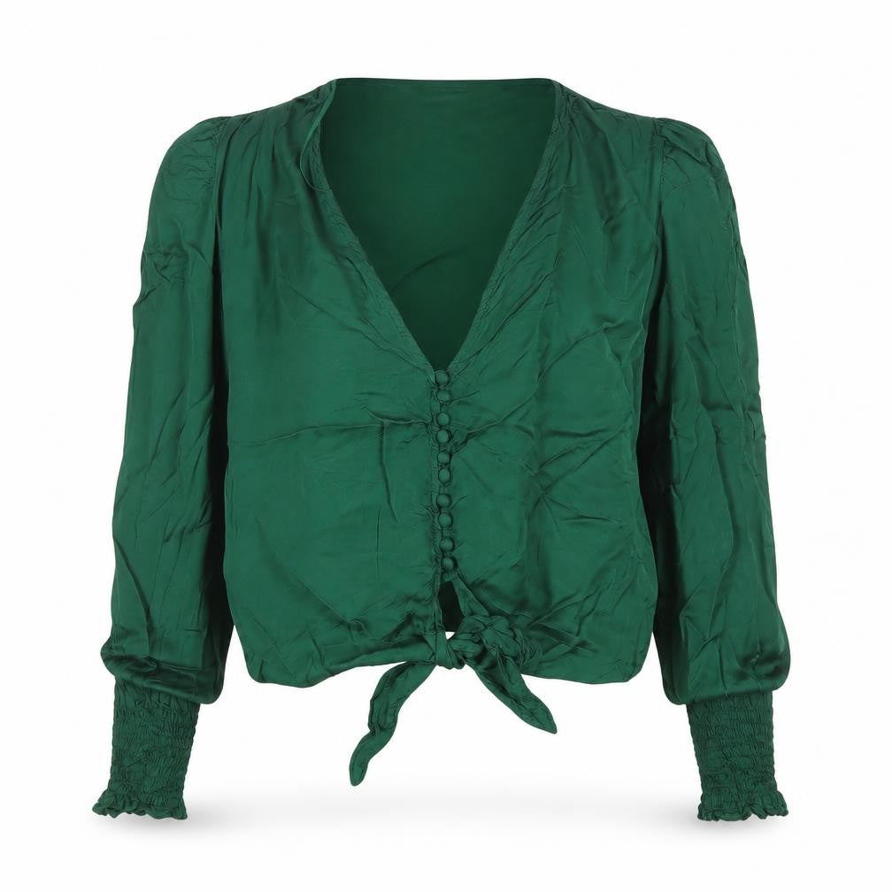 Front view of Zara Women's Green Long Sleeve Tie Front Blouse, size S, Viscose