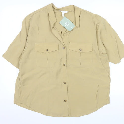 H&M Women’s Beige Button-Up Short Sleeve Modal Shirt Size 12