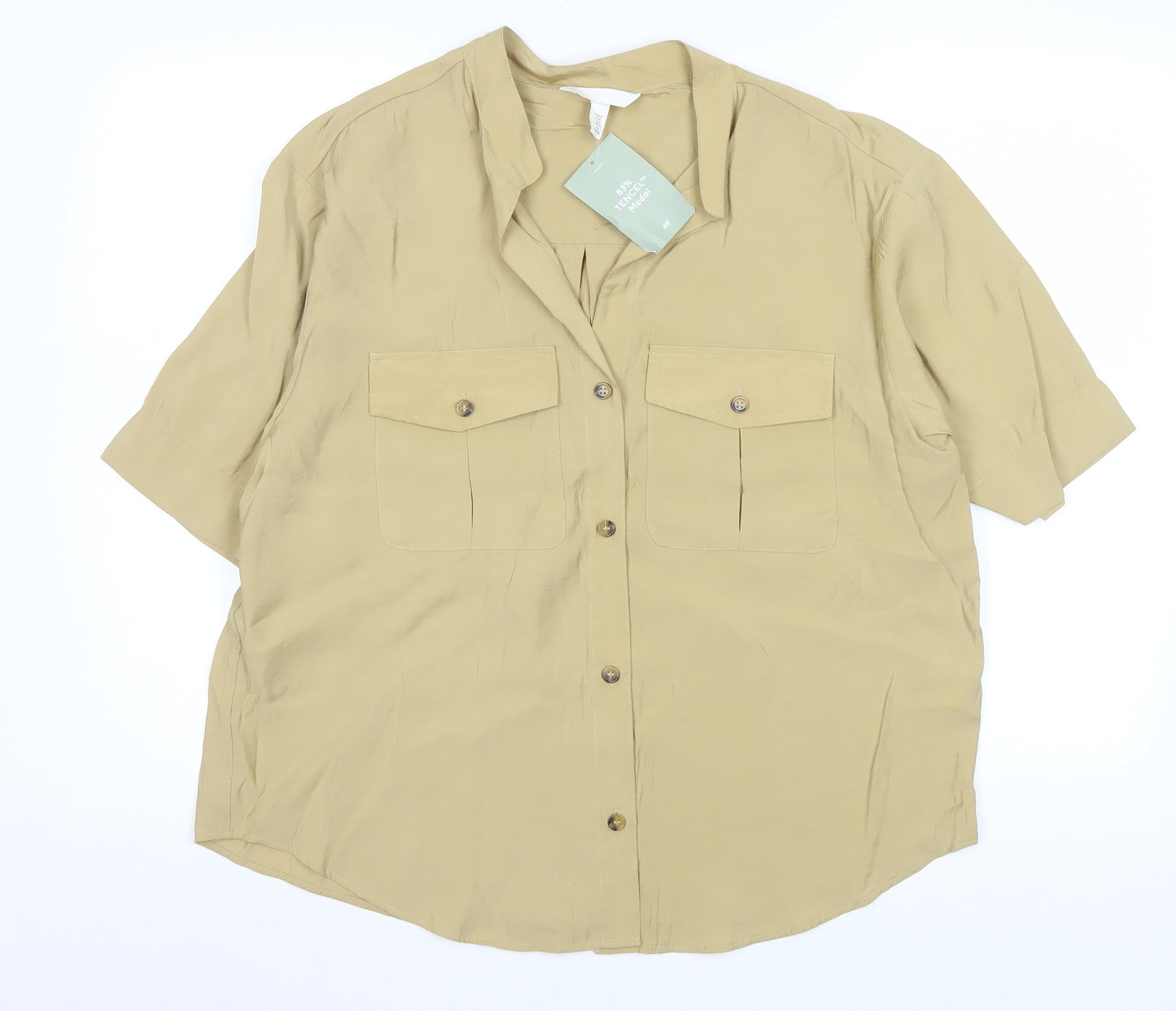 H&M Women’s Beige Button-Up Short Sleeve Modal Shirt Size 12