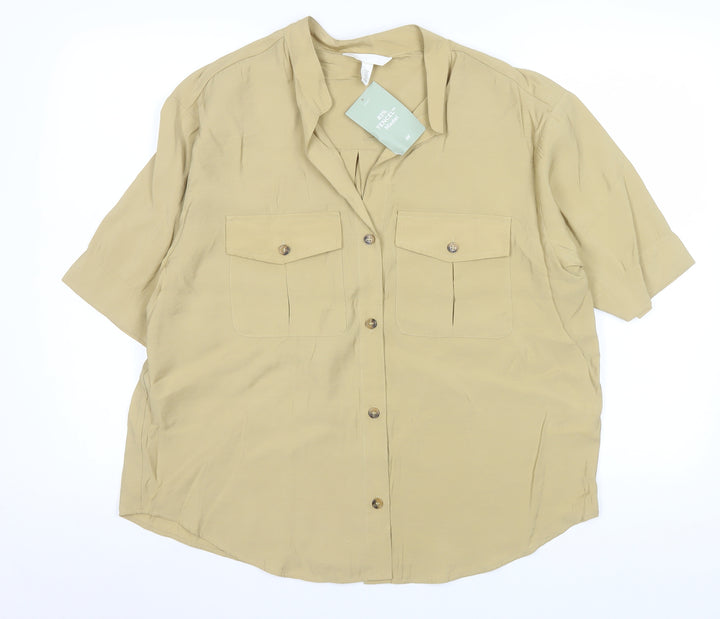 H&M Women’s Beige Button-Up Short Sleeve Modal Shirt Size 12