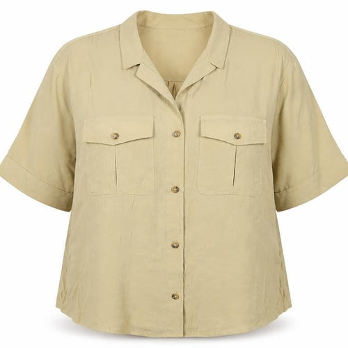 H&M Women’s Beige Button-Up Short Sleeve Modal Shirt Size 12