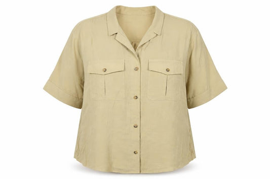 Front view of H&M Women’s Beige Button-Up Short Sleeve Modal Shirt, size UK 12