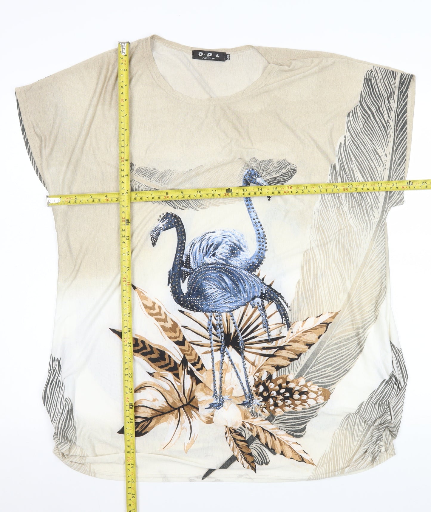 O.P.L Fashion Women’s Beige Flamingo Print Short Sleeve T-Shirt M