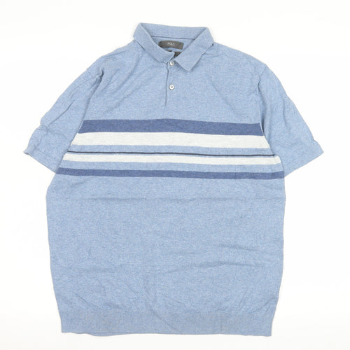 Marks and Spencer Men's Blue Striped Collared Short Sleeve T-Shirt M