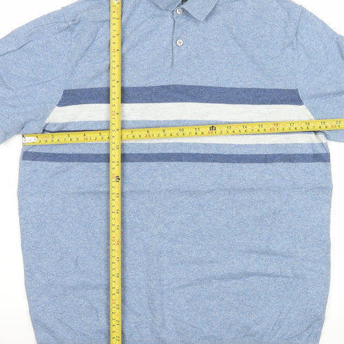 Marks and Spencer Men's Blue Striped Collared Short Sleeve T-Shirt M