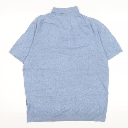 Marks and Spencer Men's Blue Striped Collared Short Sleeve T-Shirt M