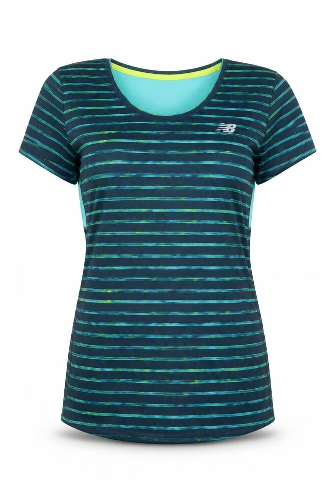 Front view of New Balance Women's Blue Striped XS Athletic Running Top