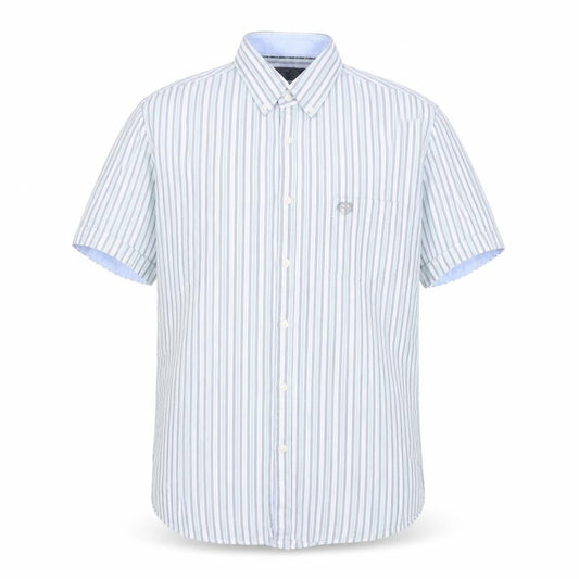 Front view of Paul Costelloe Living Men's Blue Striped Short Sleeve Button-Up Shirt L