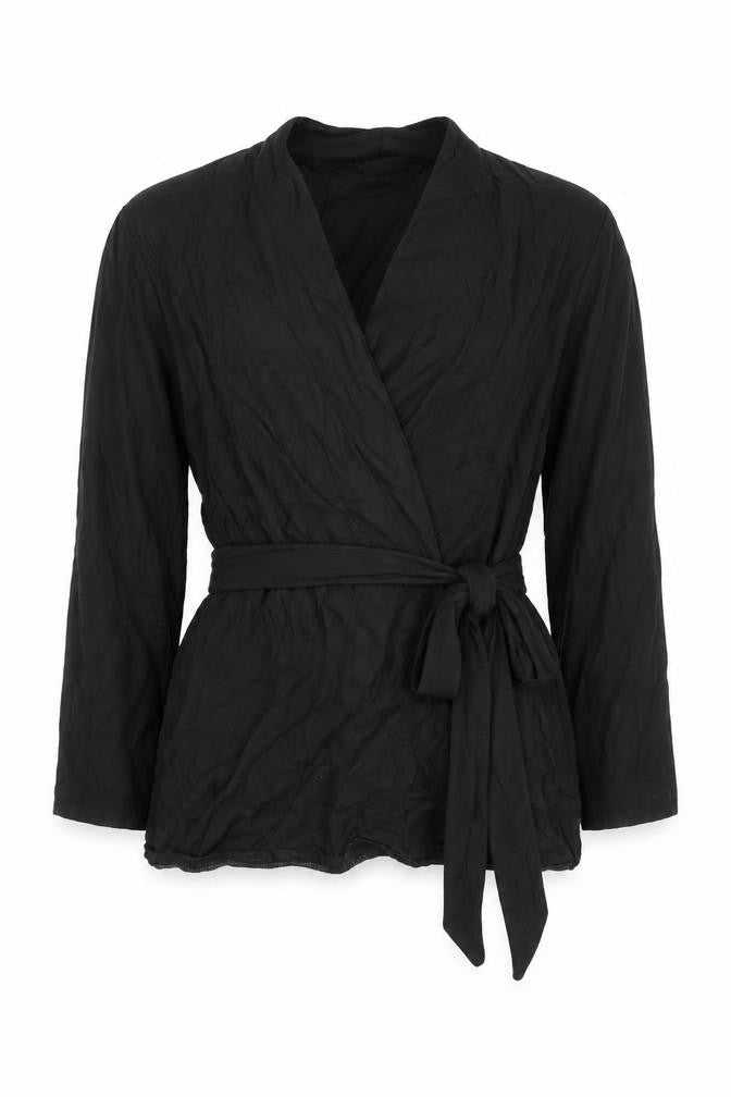 Front view of Next women’s black wrap viscose blouse, size UK 12, long sleeve