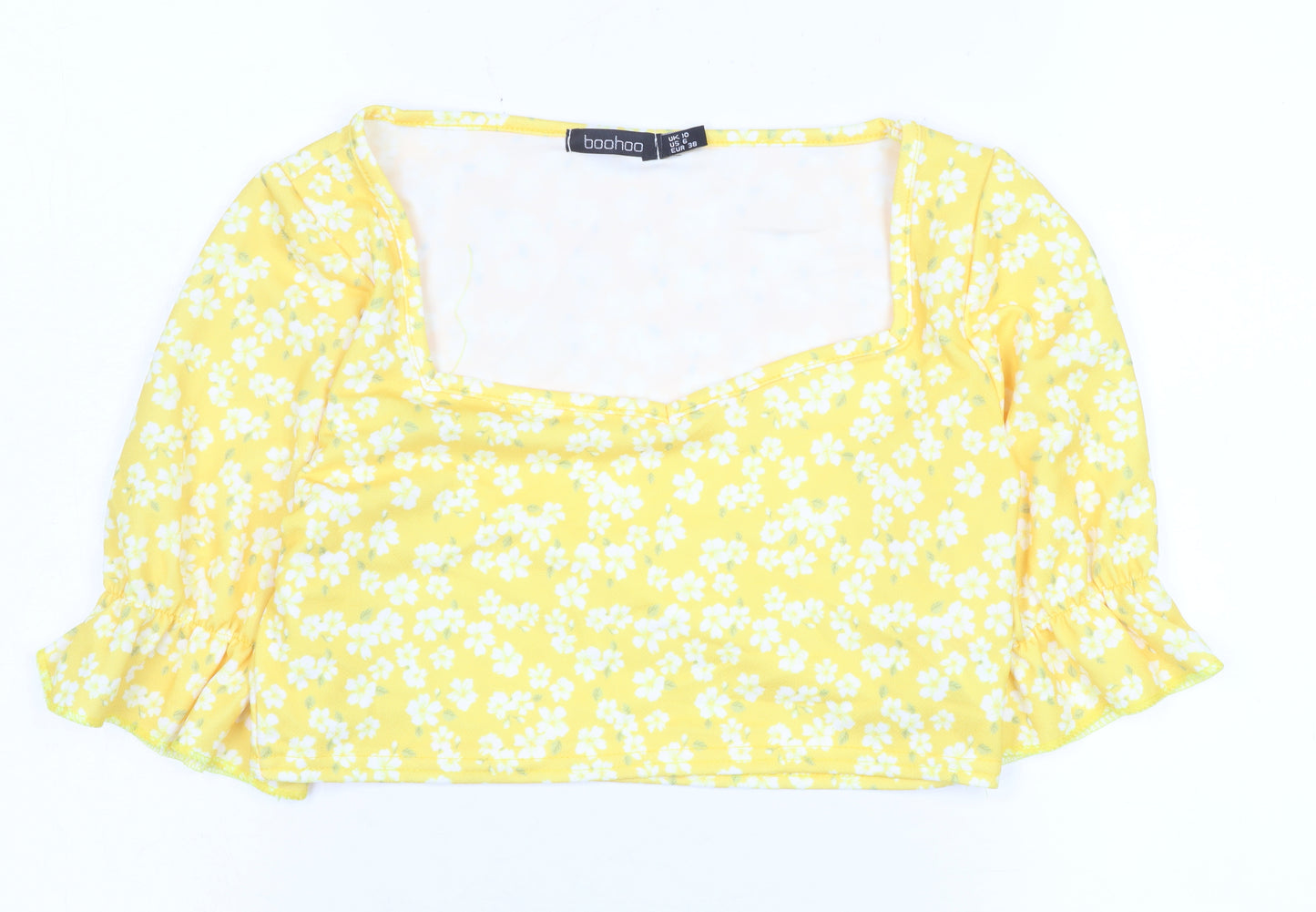 Boohoo Women's Yellow Floral Cropped Blouse Size 10