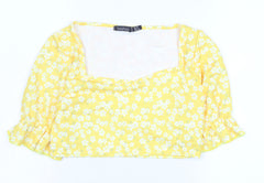 Boohoo Women's Yellow Floral Cropped Blouse Size 10