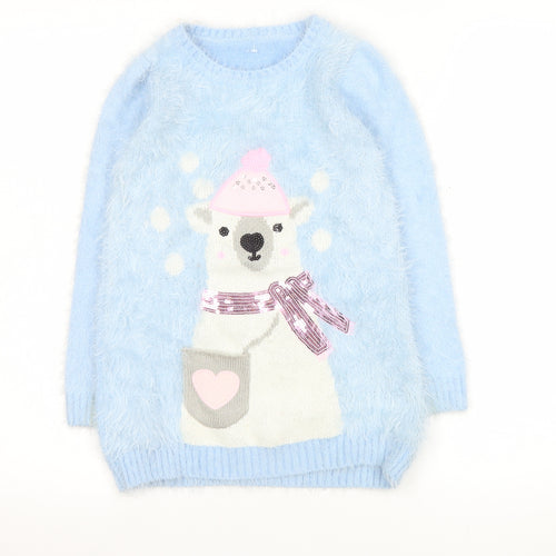 Dunnes Stores Girls Blue Polar Bear Furry Jumper Age 7 Winter Pullover