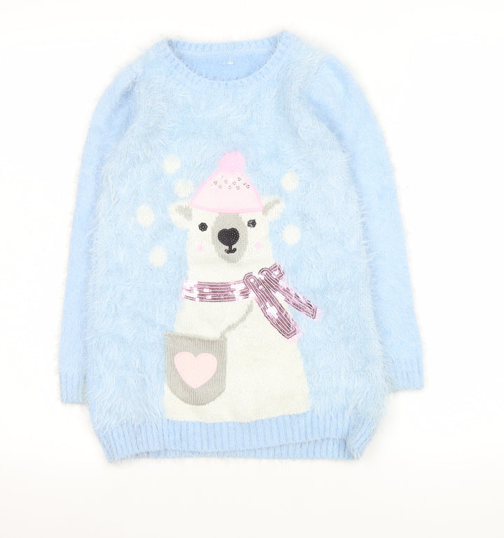 Dunnes Stores Girls Blue Polar Bear Furry Jumper Age 7 Winter Pullover