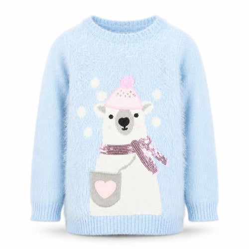Dunnes Stores Girls Blue Polar Bear Furry Jumper Age 7 Winter Pullover