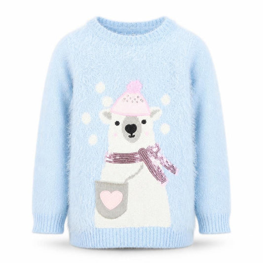 Front view of Dunnes girls’ blue polar bear furry jumper age 7 winter pullover