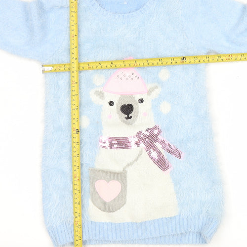 Dunnes Stores Girls Blue Polar Bear Furry Jumper Age 7 Winter Pullover