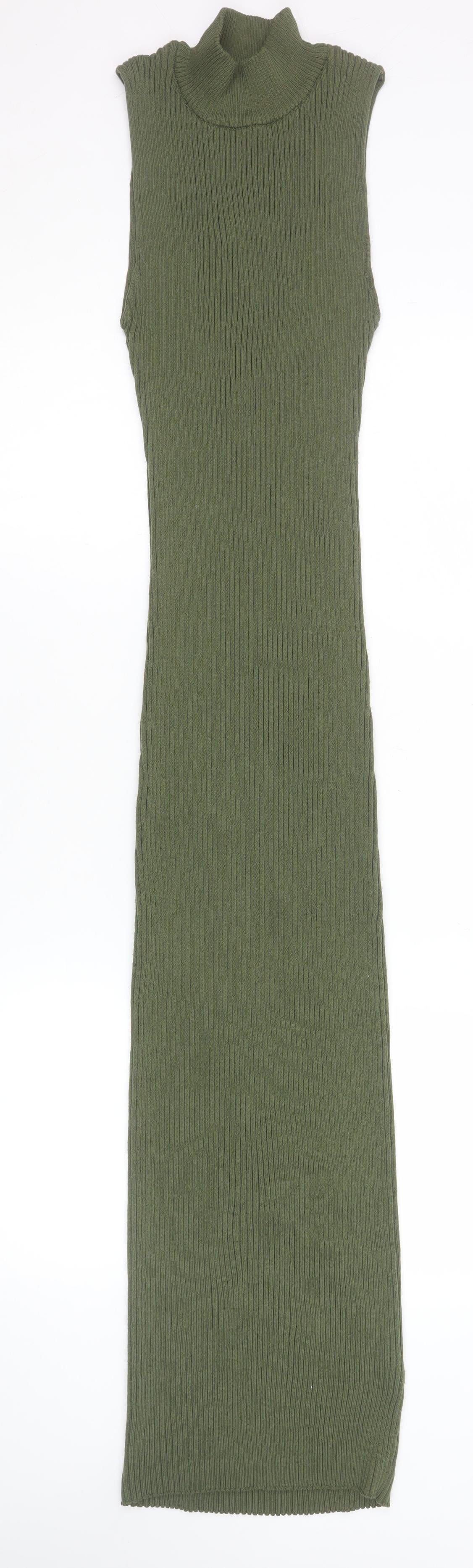 Zara Women Green Sleeveless High Neck Ribbed Bodycon Long Dress S