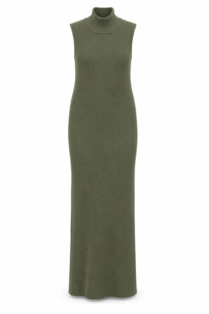 Zara Women Green Sleeveless High Neck Ribbed Bodycon Long Dress S