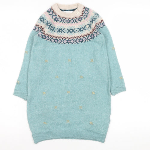 Marks and Spencer Girls Green Fair Isle Knit Jumper Dress 4-5 Years Soft Acrylic Mix